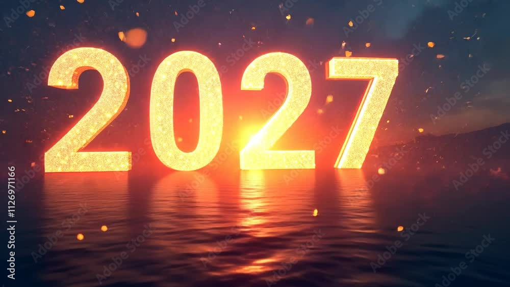 Exciting countdown to new year 2027 with stunning visual display over water Exciting countdown to new year 2027 with stunning visual display over water