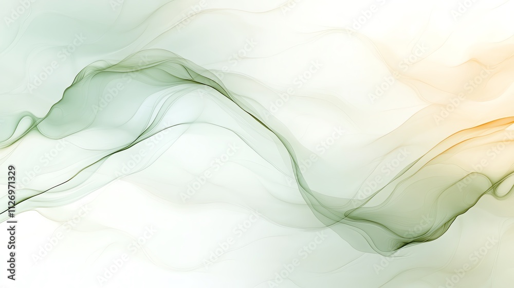 Fototapeta premium Abstract green and orange flowing waves on a light background, creating a calming and fluid visual impression.