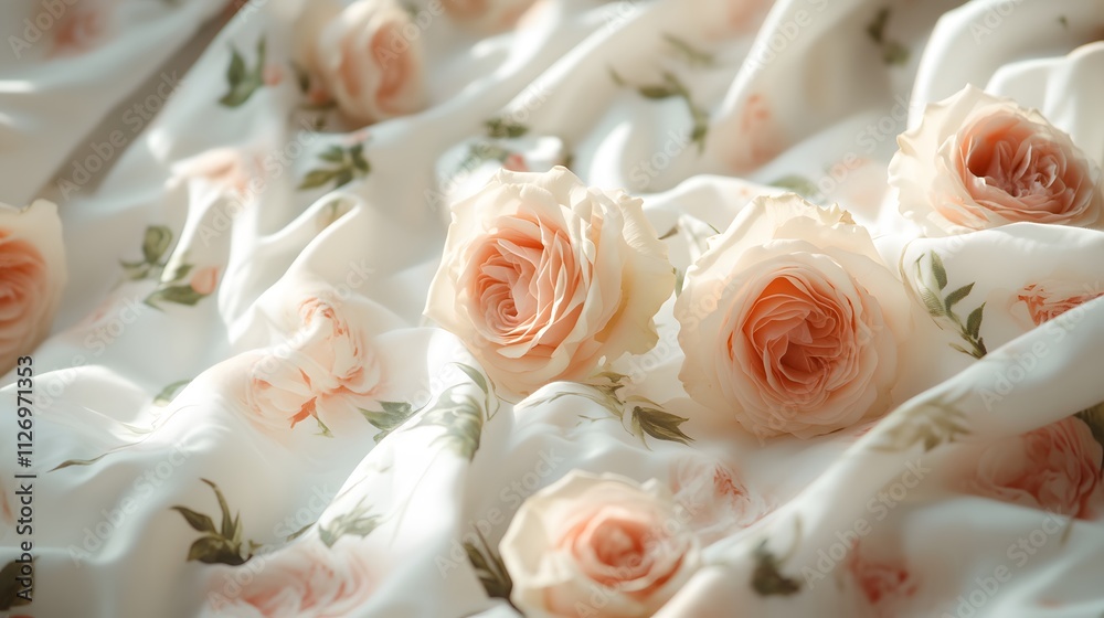 Peach Roses Resting On Floral Fabric Peach Roses Resting On Floral Fabric