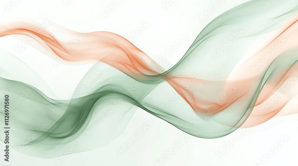 Fototapeta premium Abstract flowing green and orange waves on a light background.