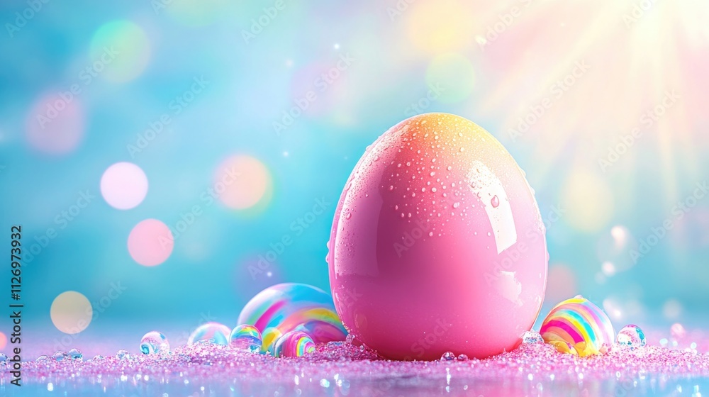 Vibrant pink easter egg with colorful candy on glittery surface. Happy Easter Vibrant pink easter egg with colorful candy on glittery surface. Happy Easter