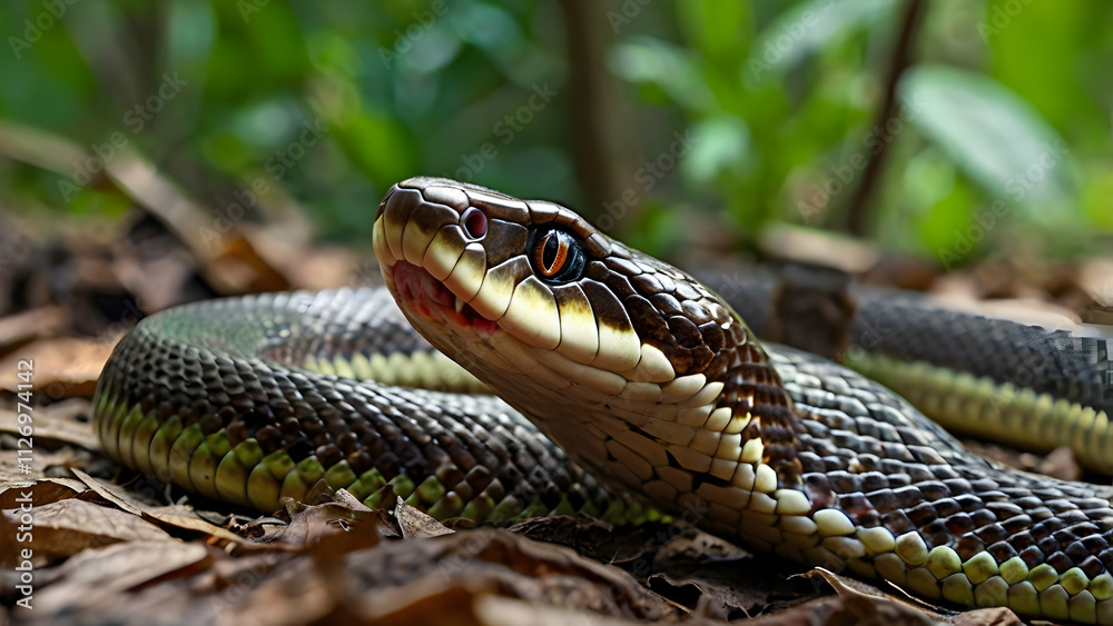 The black snake is in a very dramatic pose, creating the impression of being aggressive and alert
The black snake is in a very dramatic pose, creating the impression of being aggressive and alert