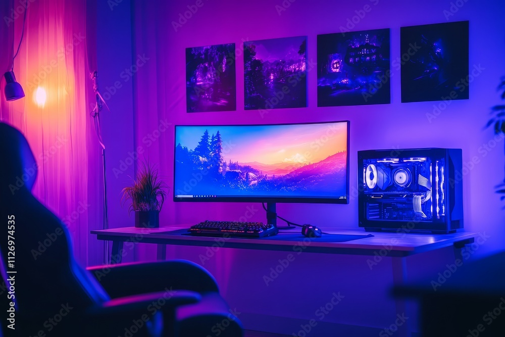 Modern gaming room with neon purple lighting, gaming setup, computer desk, and game monitors in stylish home office Modern gaming room with neon purple lighting, gaming setup, computer desk, and game monitors in stylish home office