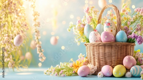 Colorful easter eggs in wicker basket amidst spring blossoms. Happy Easter