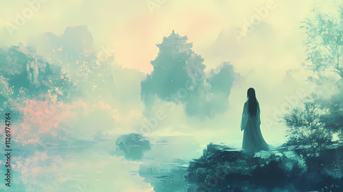 Enchanted hypercolor world asian woman in rapture ethereal landscape dreamlike serenity fantasy realm. Rapture. Illustration photo