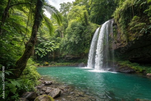 Lush greenery surrounding majestic waterfall cascading into serene lagoon.