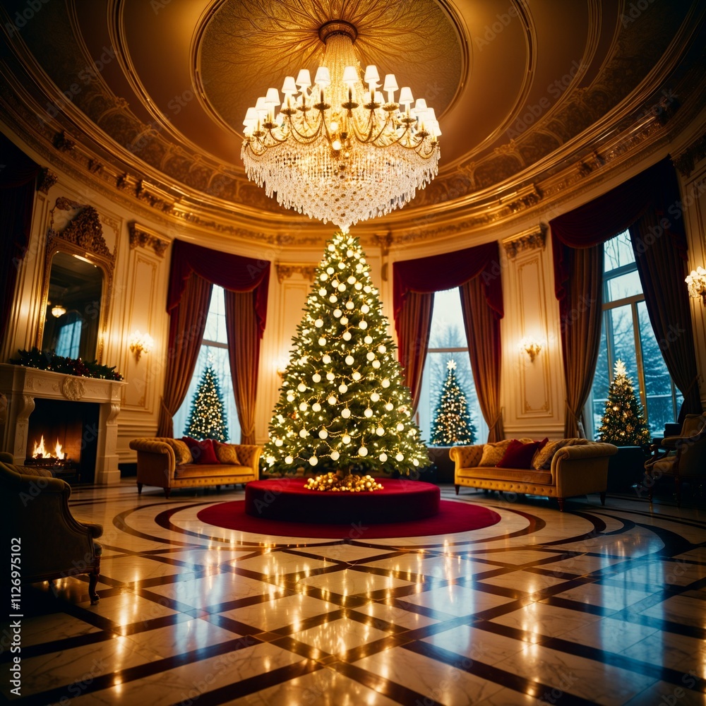 Fototapeta premium A majestic Christmas tree decorated with crystal ornaments, golden garlands, and sparkling fairy lights, set in a luxurious room with marble floors and a roaring fireplace, soft golden light enhancing