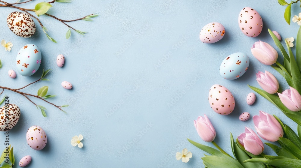 Easter celebration with decorated eggs and spring tulips on light blue background. Happy Easter Easter celebration with decorated eggs and spring tulips on light blue background. Happy Easter