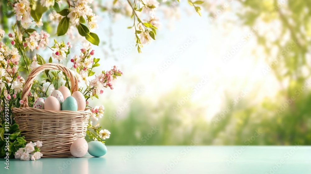 Springtime basket with pastel easter eggs in a blossoming garden setting. Happy Easter Springtime basket with pastel easter eggs in a blossoming garden setting. Happy Easter