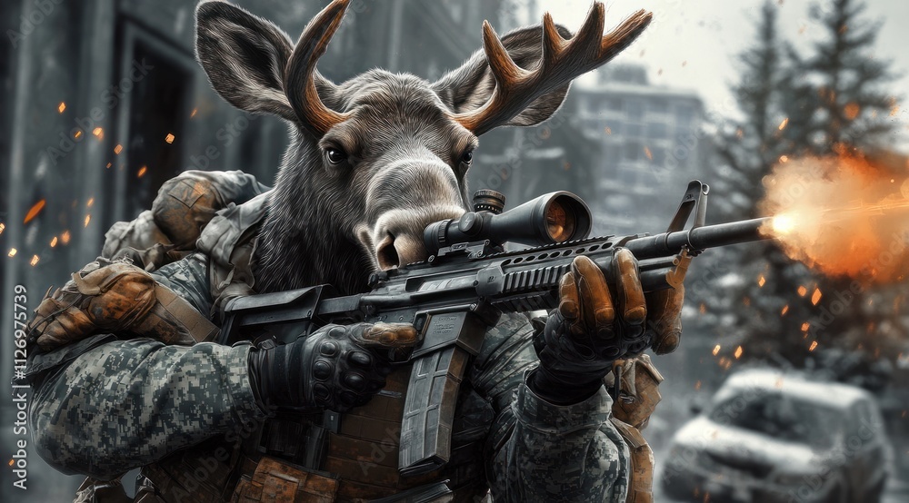 A moose dressed in military gear aims a rifle in a war-torn urban environment. A moose dressed in military gear aims a rifle in a war-torn urban environment.