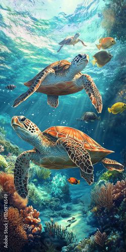 Two turtles underwater near a coral reef. Climate change, pollution, warming seas, greenhouse effect.