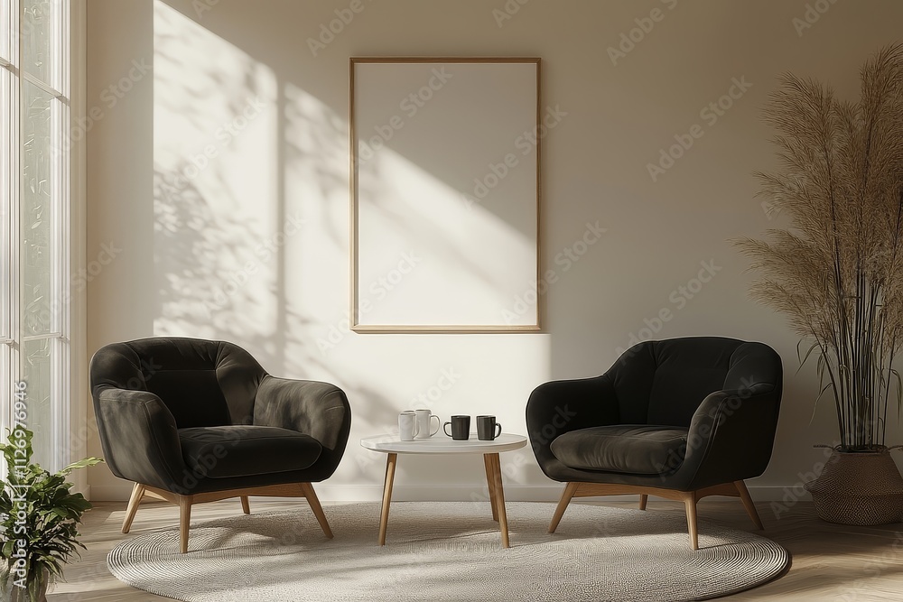 Photorealistic mockup of two black armchairs with white table, coffee mugs, art poster, and plant in warm minimalist living room Photorealistic mockup of two black armchairs with white table, coffee mugs, art poster, and plant in warm minimalist living room