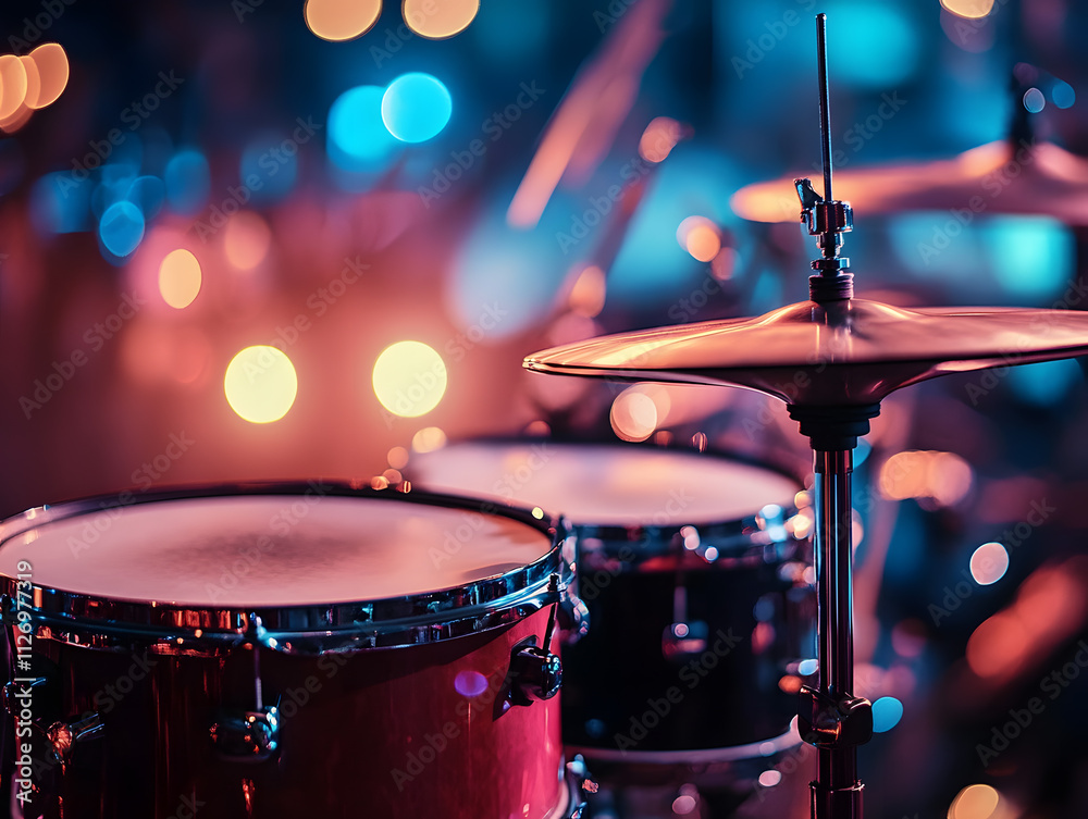 Naklejka premium Drums, drum kit, musical background. Neural network AI generated art