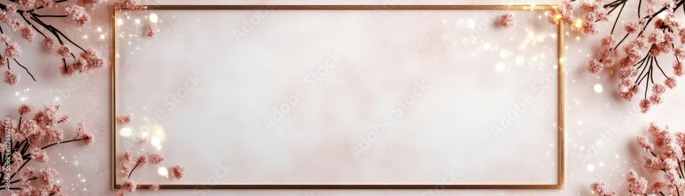 Fototapeta premium A soft, floral background featuring delicate pink branches and a blank rectangular space, perfect for invitations or announcements.