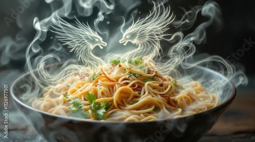 A close-up of a steaming bowl of noodles, with wisps of steam curling into the shapes of mythical creatures and phoenixes, glowing softly in an ethereal photo