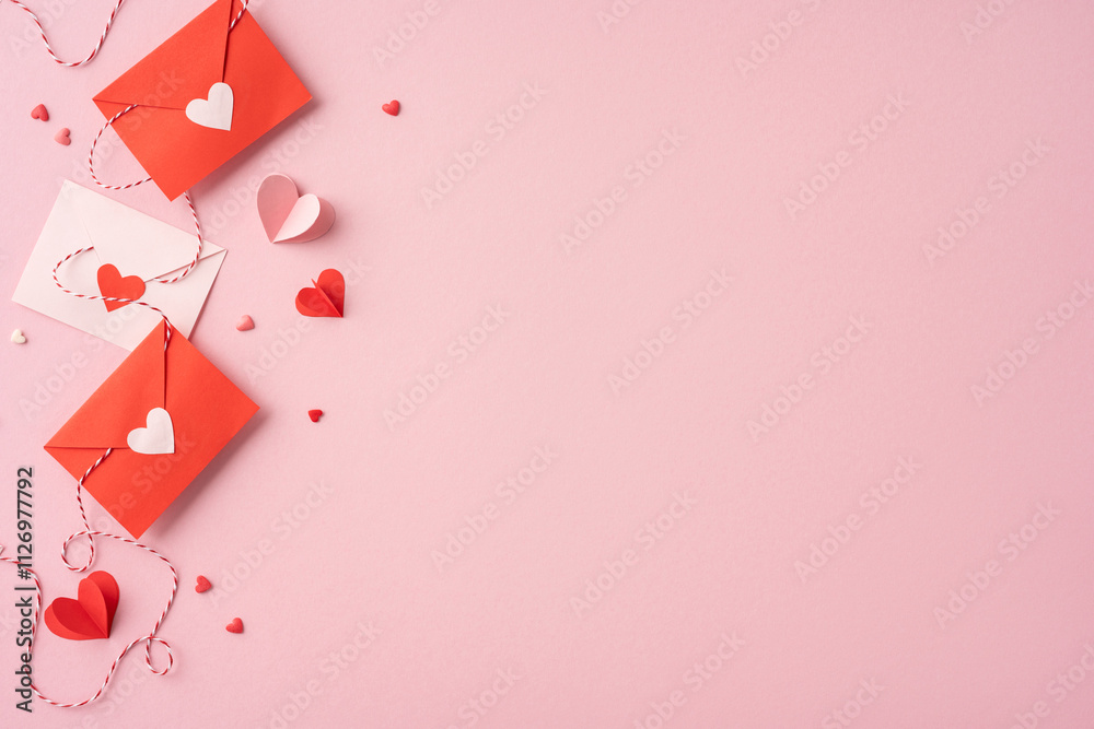 Fototapeta premium Red and pink paper envelopes with heart decorations on a pink background, symbolizing love and romance for Valentine's Day