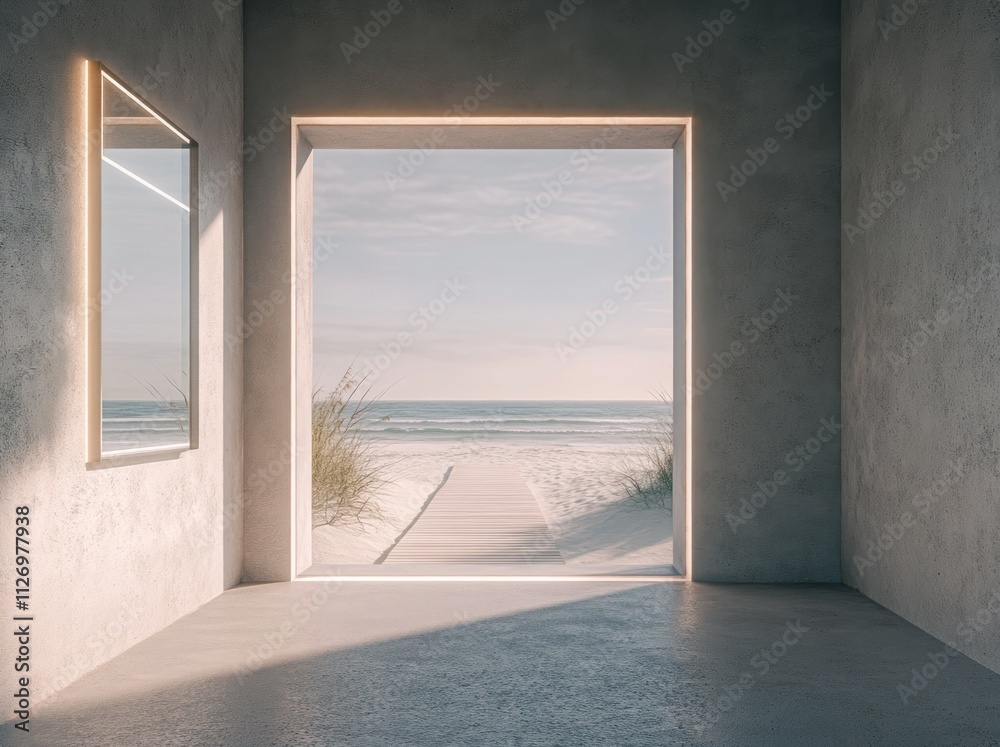 A minimalist interior scene with a view of a serene beach through a large window. A minimalist interior scene with a view of a serene beach through a large window.
