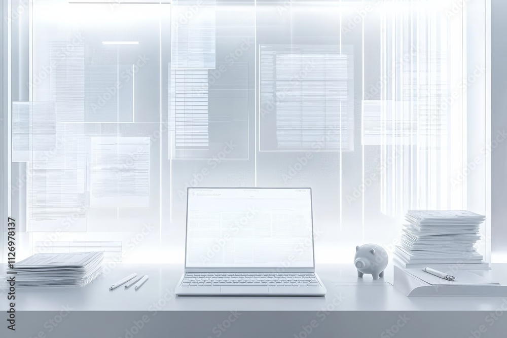 3D rendered image of a modern, clean and professional home office setup with minimalistic furniture, . Perfect for use as a background in investment and savings advertisements,