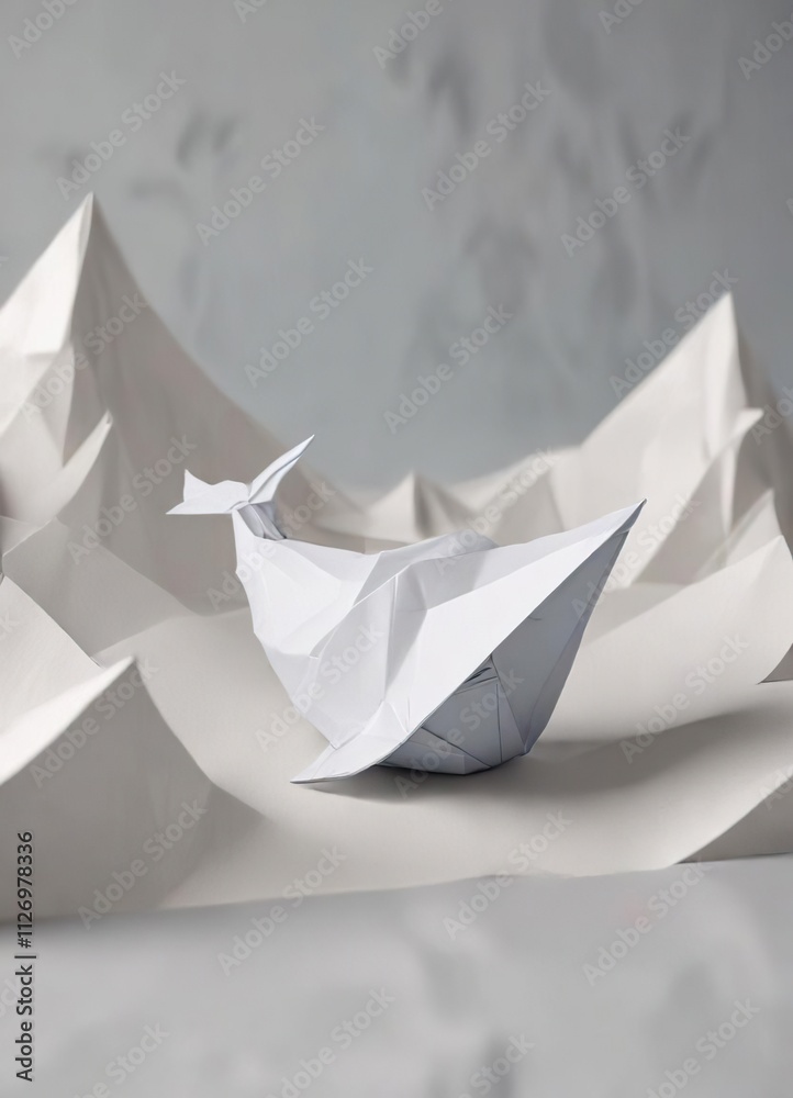 Minimalistic design of an origami whale emerging from folded paper waves, paper, origami, folded, design Minimalistic design of an origami whale emerging from folded paper waves, paper, origami, folded, design