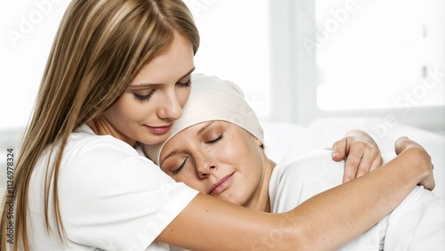 Emotional medical scene of a nurse comforting a patient undergoing chemotherapy in a warm hospital setting