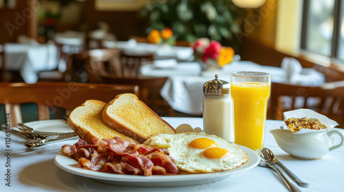 traditional breakfast spread with eggs, bacon, toast, and juice