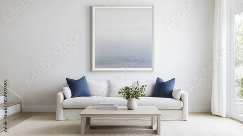A modern living room featuring a white sofa with blue cushions, a coffee table, and a large abstract painting above, enhanced by natural light and minimal decor.