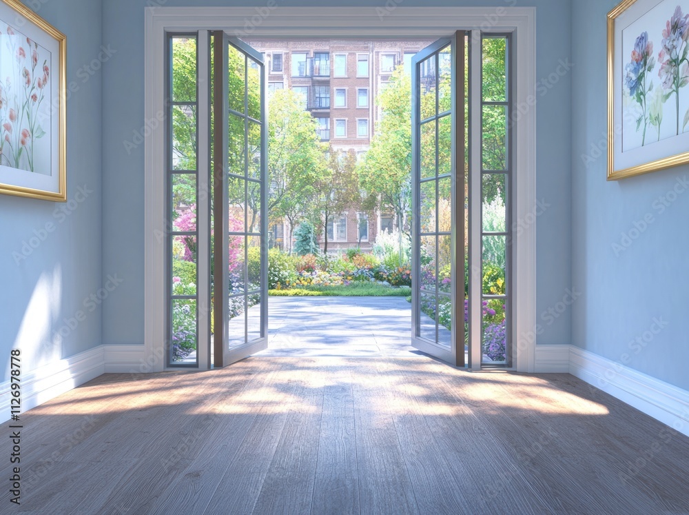 A bright room with open doors leading to a vibrant garden. A bright room with open doors leading to a vibrant garden.