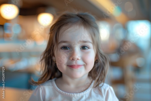 The young girl gentle smile, large eyes, and rosy cheeks add warmth and charm to the bokey and blur cozy cafe portrait background.
