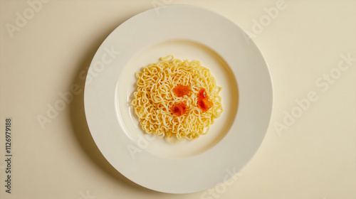 White Plate Featuring Raw Ramen Noodles and Dried Vegetables. photo