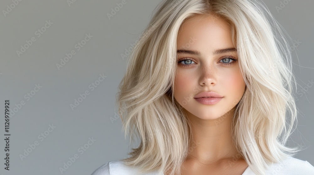 A blonde model with platinum blonde hair styled in soft, voluminous waves. The professional studio lighting focuses on the texture of her hair, set against a clean grey background while wearing 