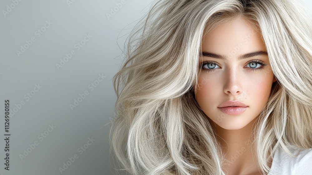 A blonde model with platinum blonde hair styled in voluminous waves. Soft lighting captures the smooth texture of the hair, with a grey background and the model in a simple white shirt, looking A blonde model with platinum blonde hair styled in voluminous waves. Soft lighting captures the smooth texture of the hair, with a grey background and the model in a simple white shirt, looking