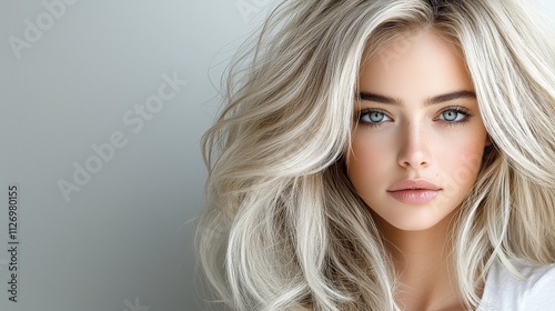 A blonde model with platinum blonde hair styled in voluminous waves. Soft lighting captures the smooth texture of the hair, with a grey background and the model in a simple white shirt, looking 