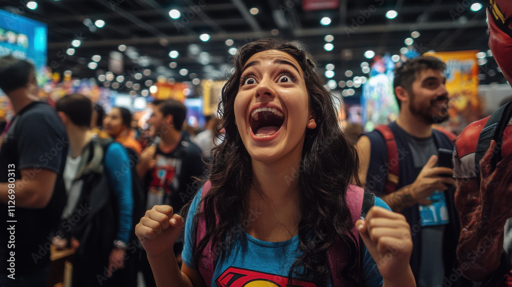 Excited girl at comic book convention, surrounded by cosplayers and fans Excited girl at comic book convention, surrounded by cosplayers and fans