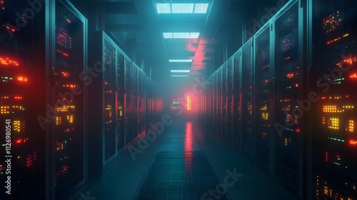 Glowing servers in a futuristic data center, vibrant neon lights illuminate the rows of powerful network hardware. A digital landscape.