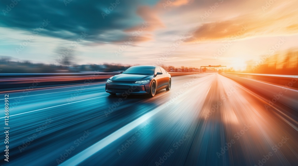 Sleek electric car speeding on highway at sunset with vibrant sky. Sleek electric car speeding on highway at sunset with vibrant sky.