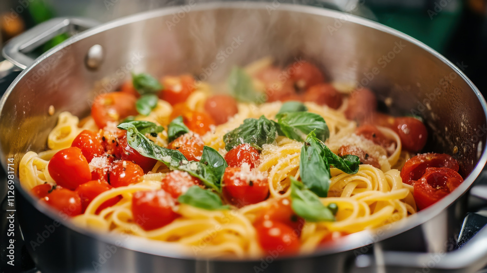 bubbling pot of pasta with fresh tomatoes and basil, delicious aroma bubbling pot of pasta with fresh tomatoes and basil, delicious aroma