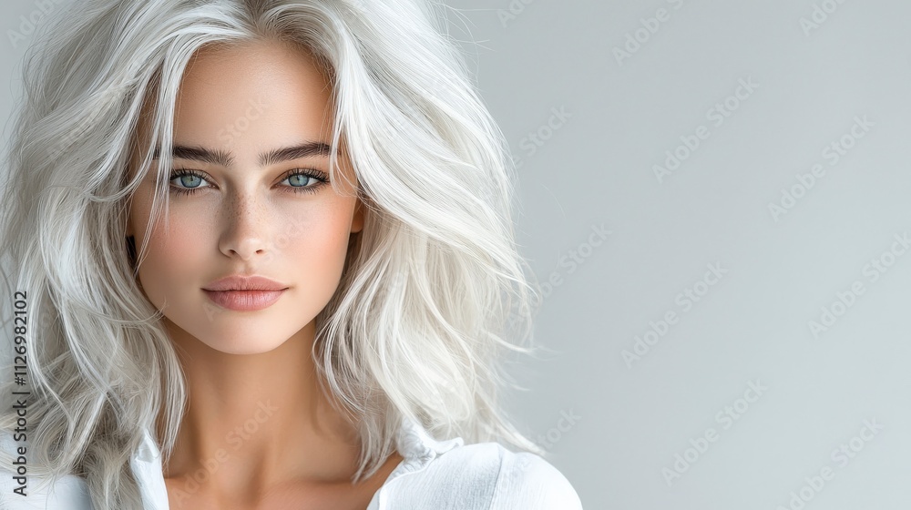 High-fashion studio portrait of a blonde model with vibrant, long, and voluminous hair styled in soft waves. The background is a smooth grey, with light focusing on the hair's stunning texture, 