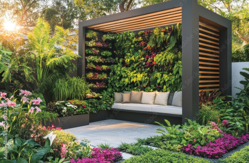 Fototapeta premium A modern garden seating area surrounded by lush greenery and vibrant flowers.