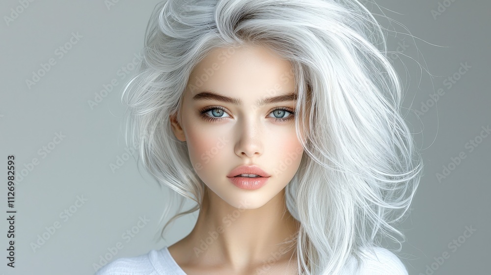 Portrait of a blonde model in a white shirt, her platinum blonde hair styled into voluminous waves. The soft studio lighting and grey backdrop create a striking contrast with her vibrant hair Portrait of a blonde model in a white shirt, her platinum blonde hair styled into voluminous waves. The soft studio lighting and grey backdrop create a striking contrast with her vibrant hair