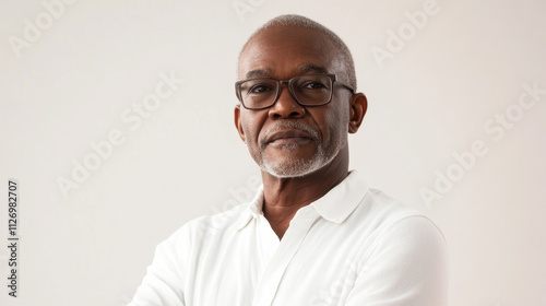 An elderly black African man in his 60s or 70s exudes health and confidence, his joyful spirit captured in a bright smile that reflects his vibrant energy.