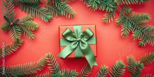 A Festive Red Gift Box with a Green Bow Adorned by Evergreen Branches