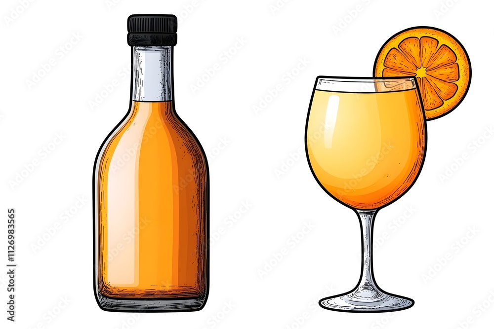 Bright and Refreshing Orange Juice in a Glass with a Sliced Orange and a Bottle, Perfect for Summer Refreshment and Healthy Beverage Choices Bright and Refreshing Orange Juice in a Glass with a Sliced Orange and a Bottle, Perfect for Summer Refreshment and Healthy Beverage Choices
