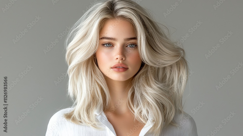 Fototapeta premium Stunning studio shot of a blonde model with smooth, voluminous platinum hair, styled in soft waves. The lighting highlights the natural texture, and the grey background complements the model’s 