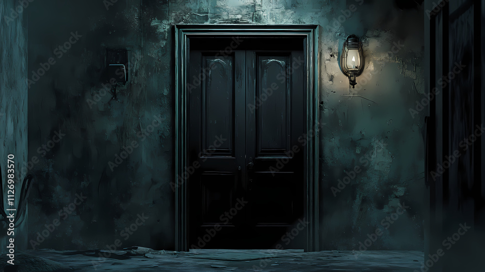 A mysterious black door stands alone in a dark room, evoking curiosity and intrigue. Rapture. Illustration A mysterious black door stands alone in a dark room, evoking curiosity and intrigue. Rapture. Illustration