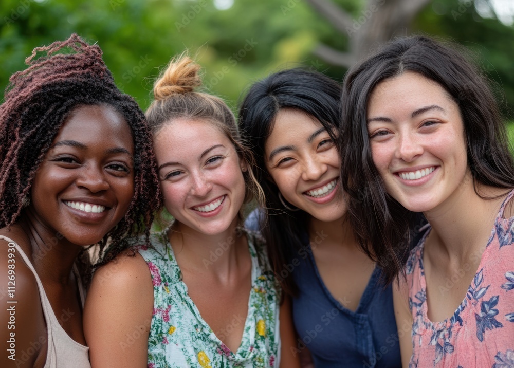 A group of women stands together, each with a soft smile that reflects empathy and the strength of their friendship. A group of women stands together, each with a soft smile that reflects empathy and the strength of their friendship.
