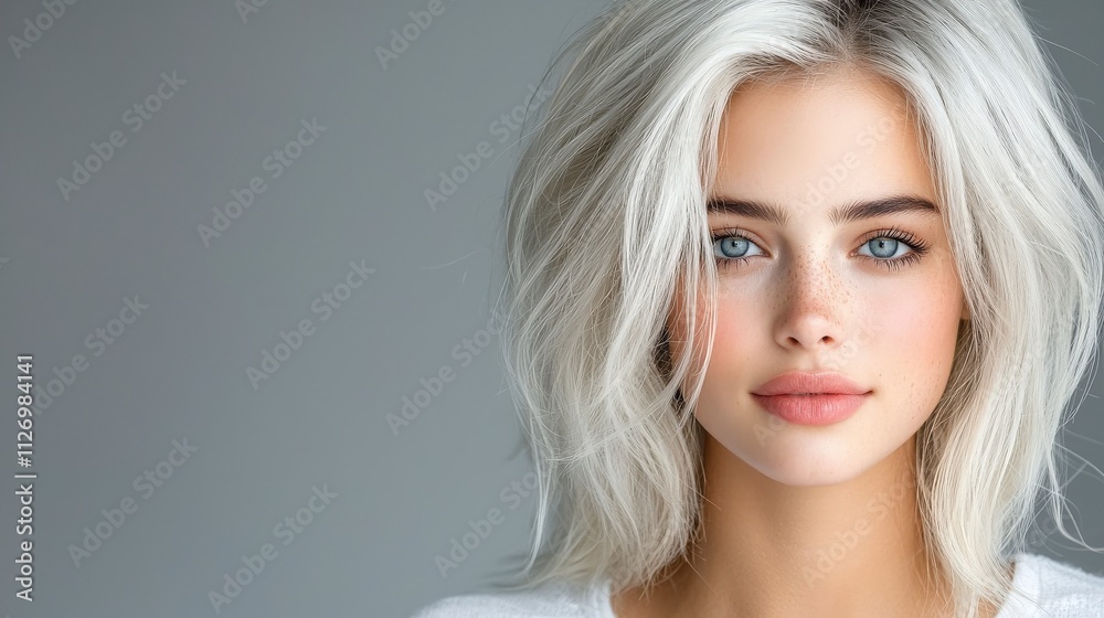 A blonde model with platinum blonde hair styled in voluminous waves. Soft lighting captures the smooth texture of the hair, with a grey background and the model in a simple white shirt, looking A blonde model with platinum blonde hair styled in voluminous waves. Soft lighting captures the smooth texture of the hair, with a grey background and the model in a simple white shirt, looking