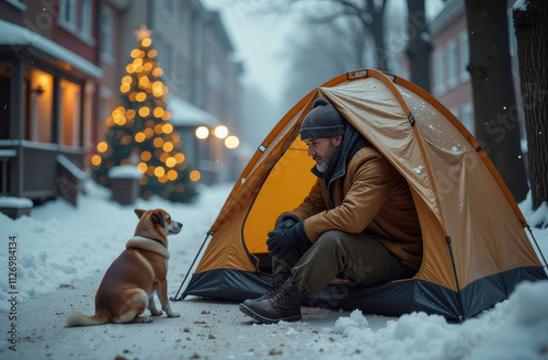 A homeless man sits with his dog and a tent on a street decorated for Christmas and christmas tree photo