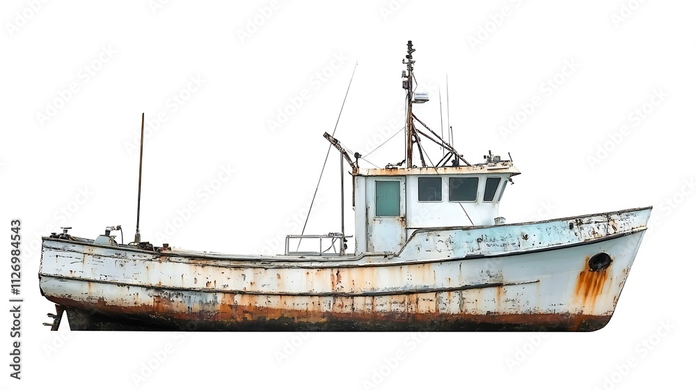 Naklejka premium Rusty Fishing Boat Isolated on White Background