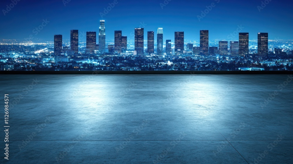 Obraz premium A nighttime city skyline view with a smooth, empty foreground.