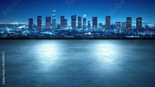 A nighttime city skyline view with a smooth, empty foreground.